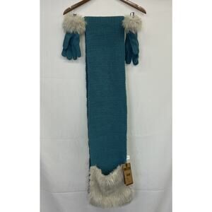NWT Ruff Hewn Teal (Rhubarb) Knit & Faux Fur Scarf & Gloves Benefits Charity